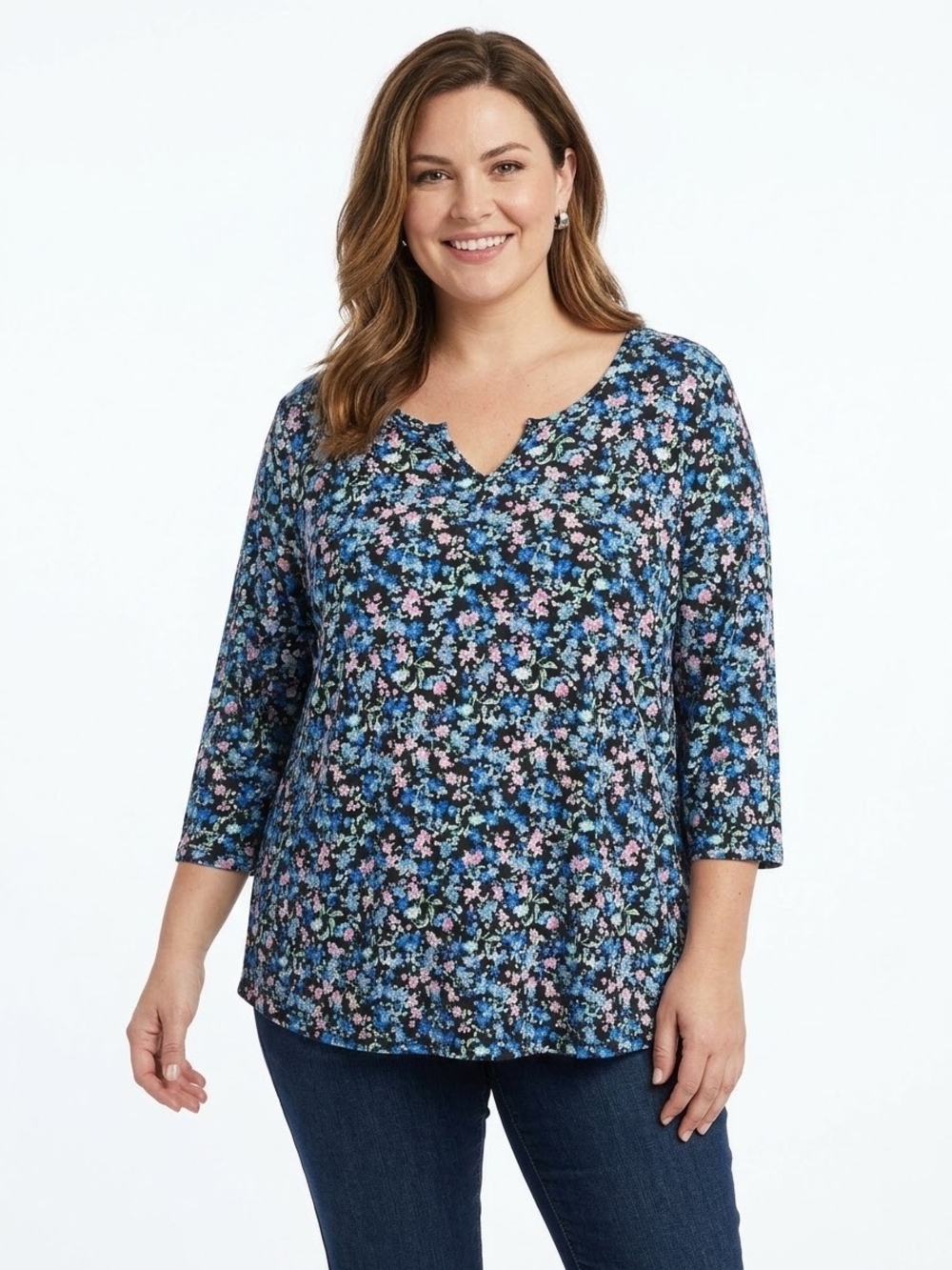 Amazon Women's Blue Floral V-Neck 3/4 Sleeve Top Size 4X NWT P2P 26